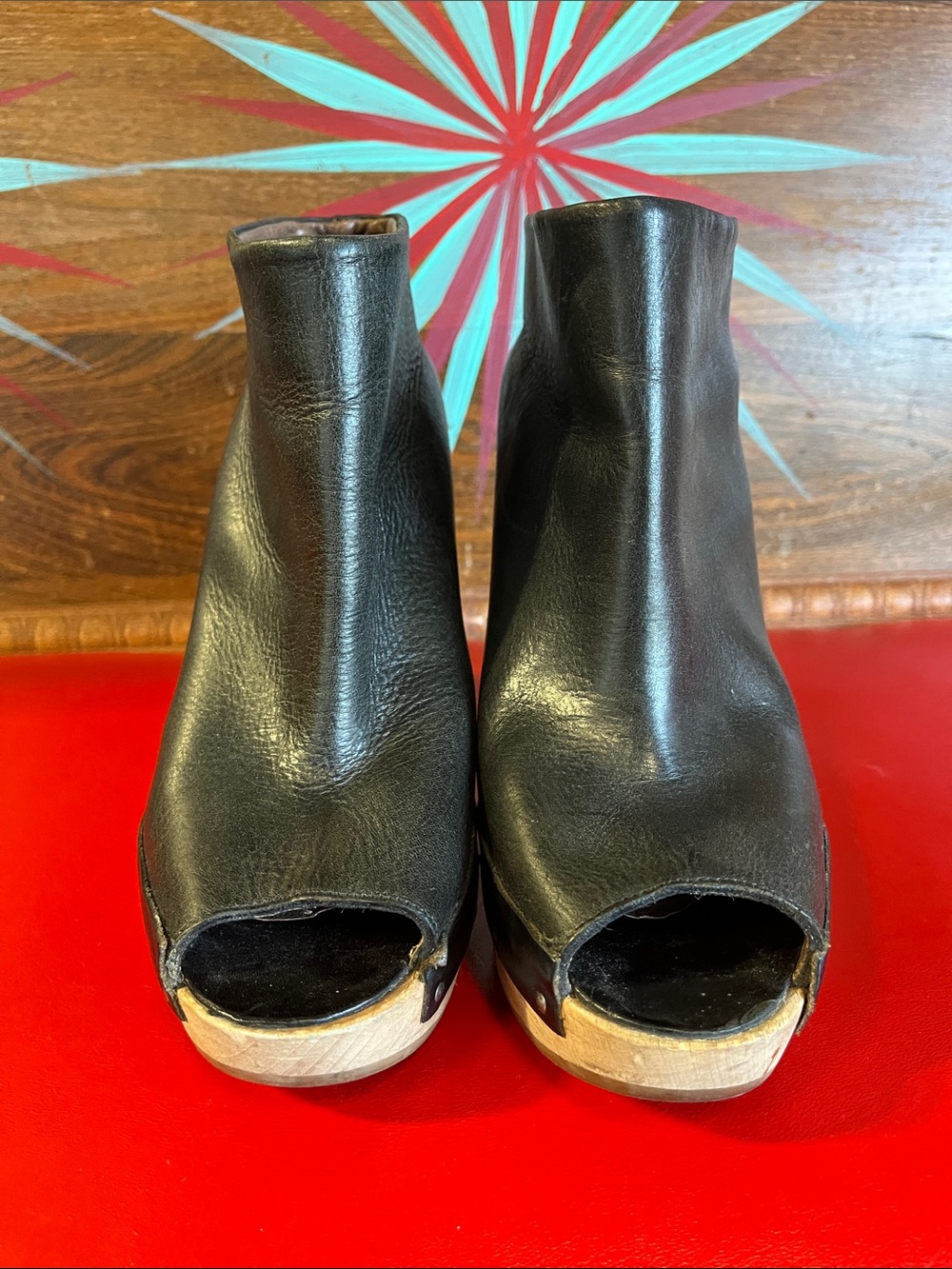 MARNI Leather Peep-Toe Wood Chunky Platform Clogs